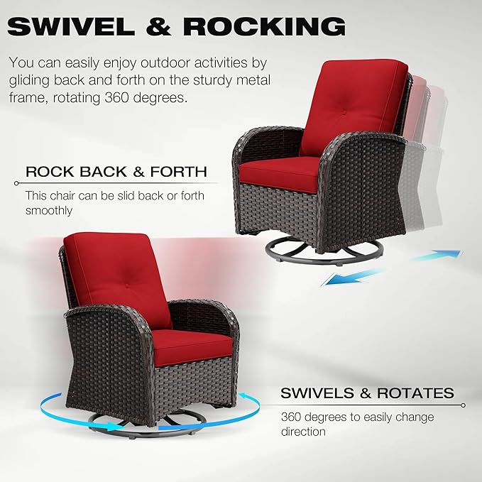 Joyside 9 Piece Patio Furniture Set, Outdoor Wicker Conversation Sets with Swivel Rocker Chairs and Sofa, Thick Cushion, Rattan Patio Sectional for Porch, Deck Use (Brown/Red, 9 PCS)