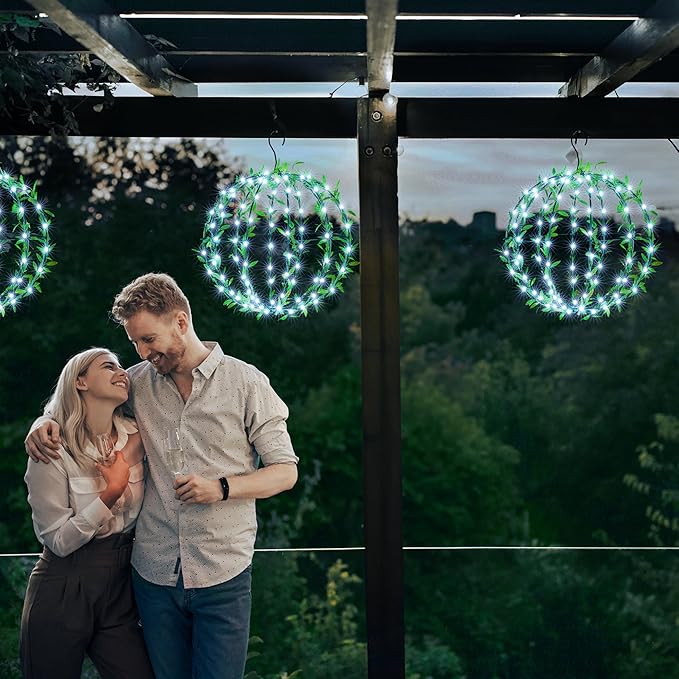 Joomer Solar Hanging Lights Outdoor, 2 Pack 12in 120 LED Solar Globe Lights, 8 Modes Waterproof Foldable Metal Sphere Light with Hook for Garden Yard Porch Decor- White (Ball with Green Leaf)