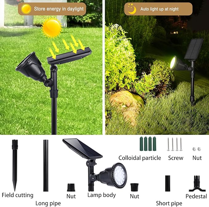 Solar Outdoor Spotlights - 18 LED, 600 Lumens, Waterproof, 7 Colors Adjustable for Year Round Patio, Garden, and Landscape Festive Lighting (1 Pack)