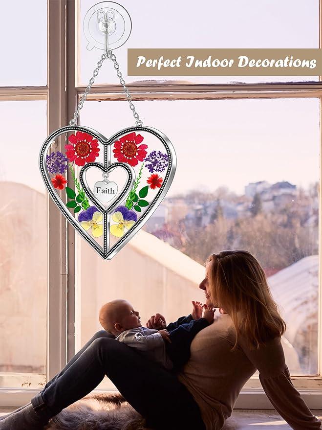 KY&BOSAM Heart Suncatcher Faith Stained Glass Hangings for Windows Sun Catchers Birthday Gifts for Women Real Flower Glass & Metal Maker for Christmas Tree Wedding Party Patio Home Garden Decor