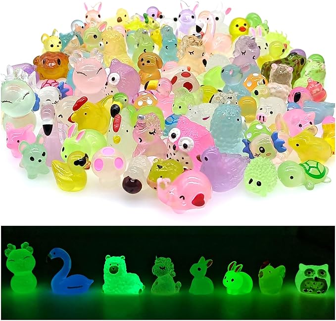 Luminous Woodland Mini Resin Animals Figures 100 Pcs Glow in The Dark Tiny Plastic Animals Small Little Miniature Animals Figurines for Hiding Miniature Fairy Garden Accessories