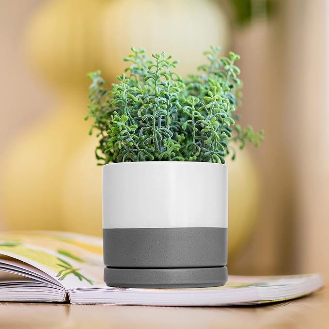 D'vine Dev Ceramic Planter Pot with Drainage Hole and Saucer, Indoor Cylinder Round Flower Pot, 4.6 Inch, White/Speckled Grey, 94-O-B-6