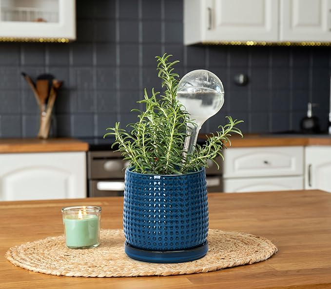 D'vine Dev 6 Inch Ceramic Beaded Stoneware Planter Pot - Flower Pot with Drainage Holes and Saucers for Indoor Succulent Plants or Flowers, Midnight Blue, 27-C-X-3
