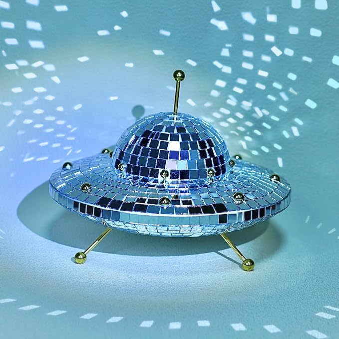 UFO Disco Ball Silver Disco Ball Decor Disco Spaceship Retro Reflective Décor Mirror Decorations for Home,Party,Garden,Handmade Gift (8 * 6inch)
