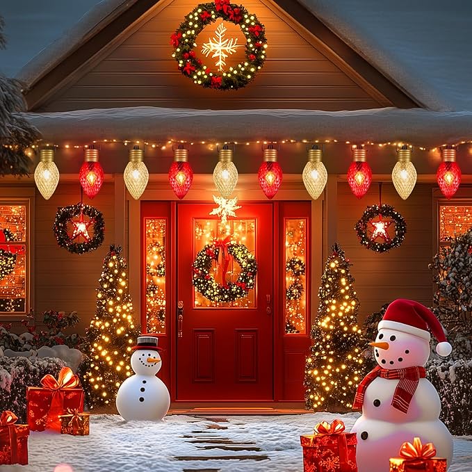 Moonflor Strawberry Jumbo C9 Christmas Pathway Lights Outdoor - 8.5FT 5 LED C9 Walkway Lights Outdoor, Christmas Decoration Outside, Christmas Lights Outdoor for Lawn Holiday Yard, Red & Warm White