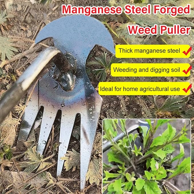 Weeding Artifact Uprooting Weeding Tool, Multifunctional Weeder, Hand Weeder Tool, 4 Teeth Stand Up Weed Puller Tool with Handle for Garden Yard Farm Weed Removal (16in, Extra Long Wood Handle)