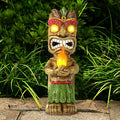 13" Tall Solar Torch Tiki Garden Statue, Resin Large Tiki Decor Figurine with Solar Lights, Hawaiian Tiki Man, Outdoor Patio Yard Lawn Bar Party Beach Pool Pond Decoration, Valentine's Day Gift