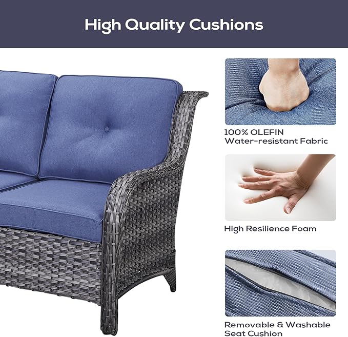 Outdoor Patio Furniture Set with 50000BTU Propane Fire Pit Table, 4 Pieces Wicker Patio Conversation Set with 2 Swivel Rocker Glider Chairs Rattan Sofa Blue Cushion Perfect for Gathering