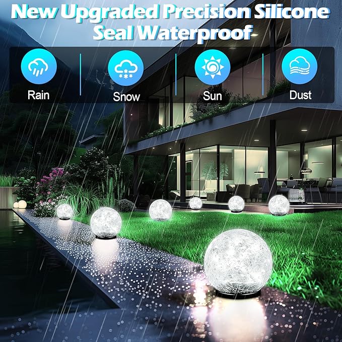 Garden Solar Ball Lights Outdoor Waterproof, 80 LED Cracked Glass Globe Solar Power Ground Lights for Path Yard Patio Lawn, Outdoor Decoration Landscape White (2 Pack 5.9'')