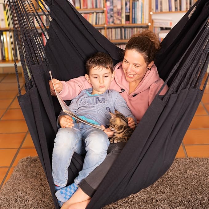 LA SIESTA® - Large Comfort Habana Cotton Hammock Chair & Romano Steel Stand - Indoor/Outdoor Hanging Chair Swing for Bedroom Porch Balcony - Boho Swing - Onyx