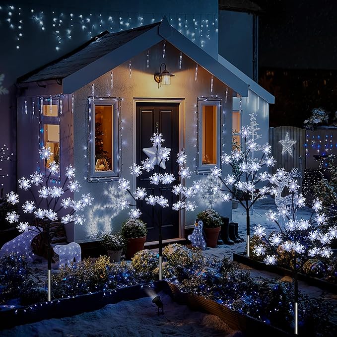 4-Pack 80LED Solar Snowflake Stake Lights - 8 Modes, Waterproof Outdoor Christmas Decorations for Garden, Yard, Pathway, Walkway