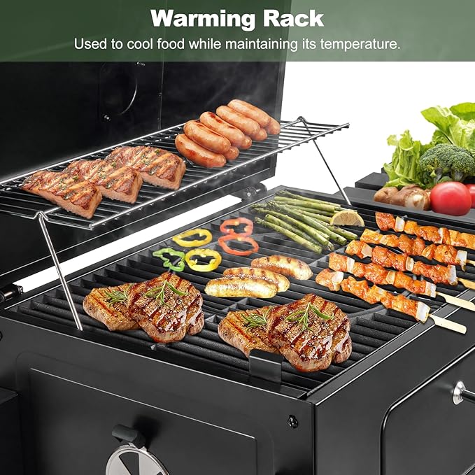 Charcoal Grills, Large Outdoor BBQ Grill Offset Smoker with Side Table Heavy Duty Outside Barbecue Grills Cooking Backyard Patio (Enamel Grill Grate)