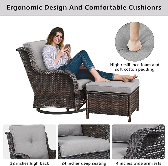 5 Piece Outdoor Patio Furniture Set - Wicker Furniture Patio Conversation Set, Outdoor Swivel Rocker Chairs with 3-Seater Sofa and 2 Ottomans for Small Space, Gray Cushion