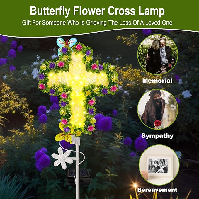 YJFWAL 1 Pack Solar Flowers Cross Garden Stake Lights, Yard Solar Lights Cemetery Decorations For Grave Outdoor Light Jesus Cross Sympathy Memorial Gift For Grandma, Garden Lawn Patio Pathway Deco