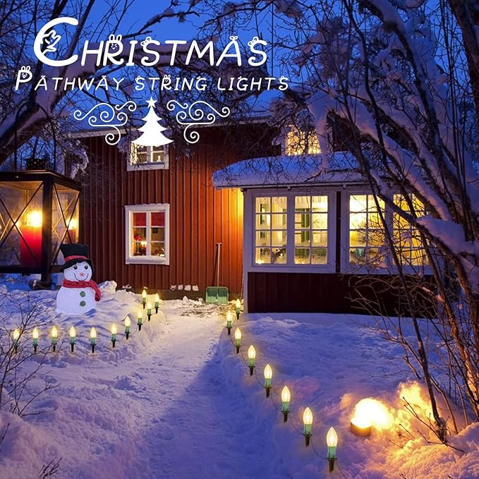 C9 Christmas Lights Outdoor, 4 Packs Total 102.8 Ft 80 Bulbs Christmas Pathway Lights, Waterproof Walkway Lights for Outside Driveway Sidewalk Outdoor Christmas Decorations Yard, Clear