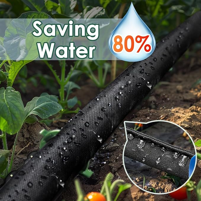 IPOW Heavy Duty Double Layer Design Saves 80% Water Leak Proof Soaker Hose, Drip Watering Hose for Garden, Lawn, Flower Bed, Vegetable Field (25 FT)