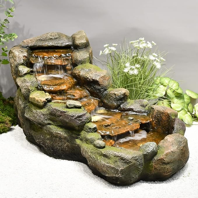 Garden Outdoor Water Fountain, 42.1" L Floor Standing Tiered Rock Outdoor Fountains with LED Lights and Pump for Garden, Backyard, Deck, Patio, Porch and Home Art Decor