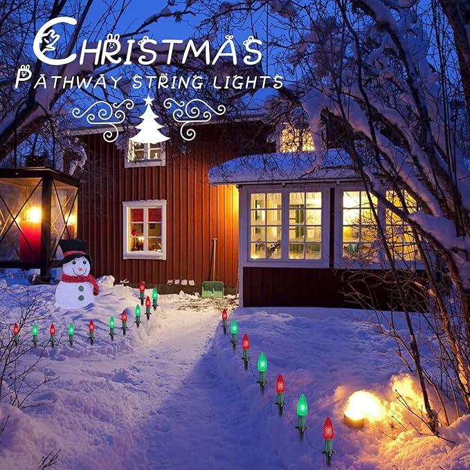 C9 LED Christmas Lights Outdoor with stakes, 25.7ft 20 LED Strawberry String Lights, Connectable Shatterproof Pathway Lights Marker for Path, Lane, Patio, Xmas Holiday Decorations, Red and Green