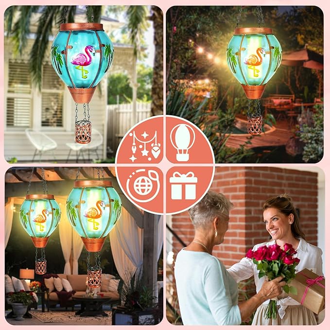 4 Pack Solar Hot Air Balloon Lantern with Flame， Flamingo Glass Solar Outdoor Lights Decorative for Outdoor Patio Garden Decor, Flamingo Gifts for Women Grandma Mom - Flamingo