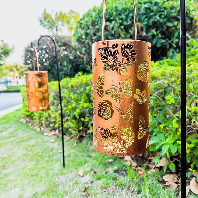 Mothers Day Gifts, 2 Pack Butterfly Solar Lanterns Outdoor Hanging Lantern Lights, Flower Pattern Waterproof LED Garden Decorative Light for Patio Yard Pathway Lawn Front Porch Tree