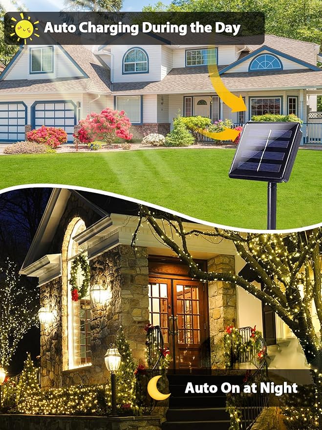 6 Pack 600 LED Solar String Lights for Outside, Solar Christmas Lights Outdoor Waterproof, Green Wire Twinkle Light with 8 Lighting Modes for Xmas Tree Wedding Party Garden Decorations (Warm White)