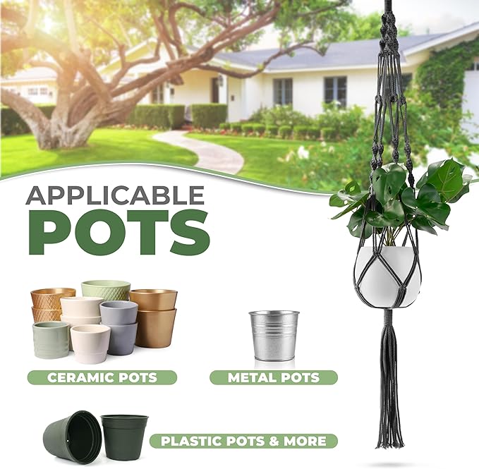 Sorbus Macrame Plant Hanger (6 Pack) Indoor Outdoor Hanging Plant Pots Cotton Rope, Elegant for Home, Patio, Garden (Black)