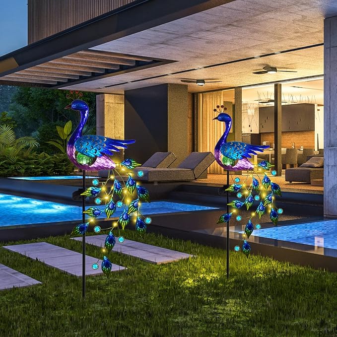 DREAMSOUL Peacock Solar Garden Lights Outdoor Decorative Stake, Waterproof Metal Peacock Garden Decor Solar Powered Landscape LED Path Lights Walkway Patio Decoration Lawn Ornament Christmas Gifts