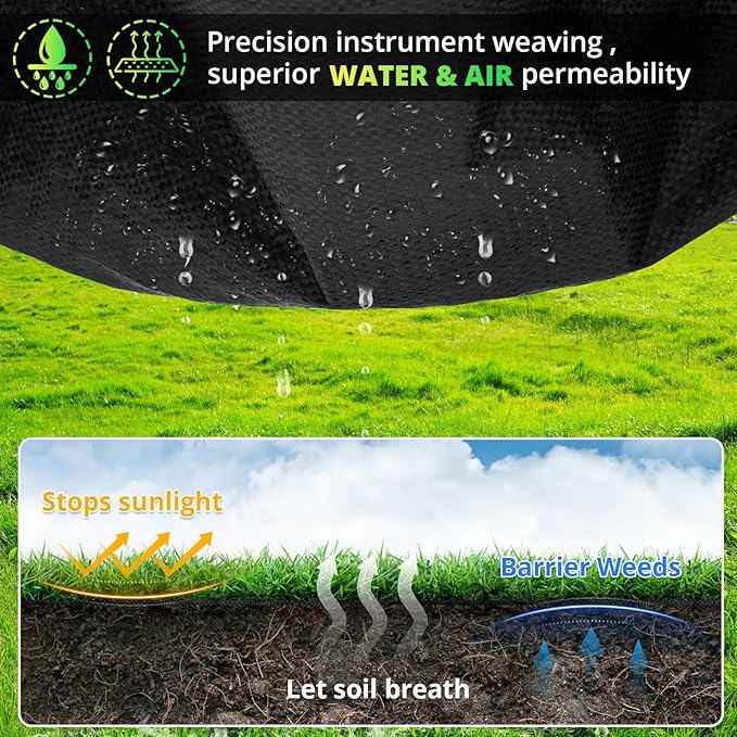 3ft x 100ft Weed Barrier Landscape Fabric, 3.2oz Heavy Duty Woven Geotextile with 20 U-Shaped Pegs & Pre-Printed Cutting Lines, Ground Cover Colth Garden Bed Liner for Landscape, Driveway, Greenhouse