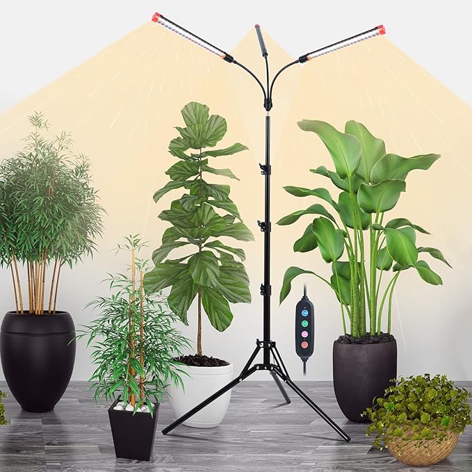 3-Head Grow Lights for Indoor Plants with Stand 27W, LED Plant Grow Light for Tall Houseplants, Bonsai Tree, Full Spectrum Growing Lamp with 4,8,12 Hr Timer, 24"-64" Adjustable Height