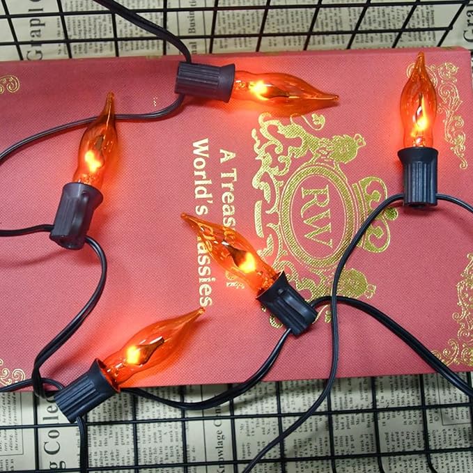 Flickering Flame String Lights Orange Halloween Lights with 10 Pack C7 Orange Flame Light Bulbs, 12.8Ft Orange Flame String Lights for Halloween Decorations for Home Party Yard