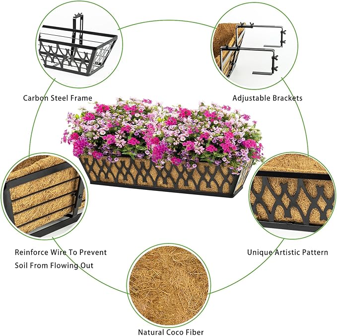 4 Pack 30 Inch Window Boxes Planters Railing Planter Box with Adjustable Brackets for Porch Fence Patio Balcony Hanging Flower Baskets with Coco Liners for Outdoor Garden Decor - Black