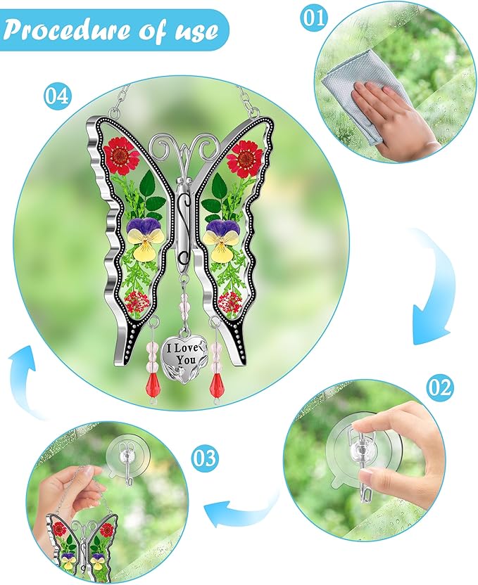 KY&BOSAM Butterfly Suncatcher I Love You Gifts for Mom for Windows Hangings Wind Chimes Pressed Flower Between Wings with Metal Heart Charm Birthday Gifts for Women Mother's Day Valentine's Christmas