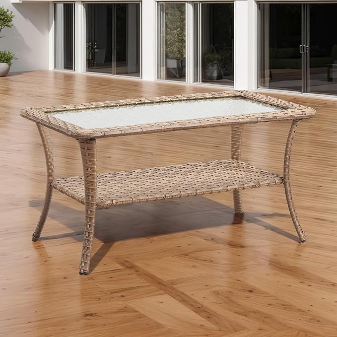 Patio Tables Outdoor Coffee Table - Wicker Rattan Coffee Tables with 2-Tier Storage Shelf Glass Top for Outside Proch Deck Balcony Garden Rectangle Yellow