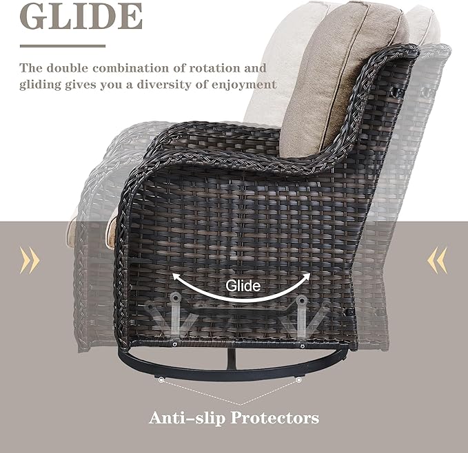 5 Piece Outdoor Patio Furniture Set - Outdoor Conversation Couch and Loveseat Glider Chair Furniture Set with Rattan Coffee Table for Deck Balcony Poolside Brown Wicker/Grey Cushions