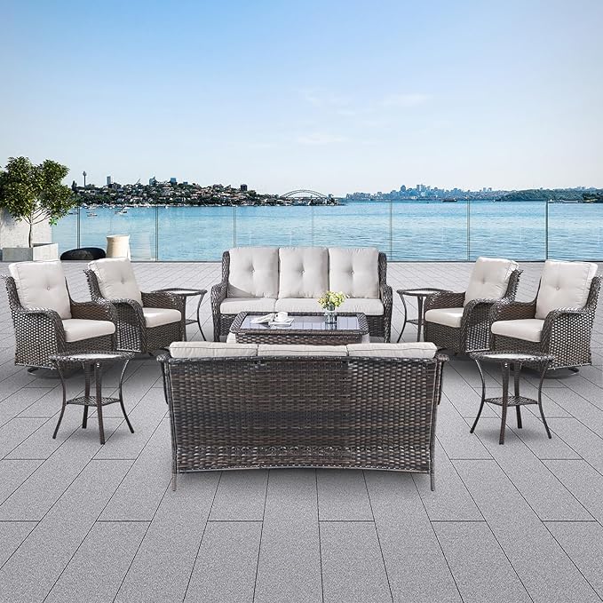 Wicker Patio Furniture Sets - 13 Piece Outdoor Rattan Furniture Conversation Sets with 4 Swivel Rocker Chairs, 2 Rattan Sofas, Wicker Ottomans and Coffee Table, Brown/Beige