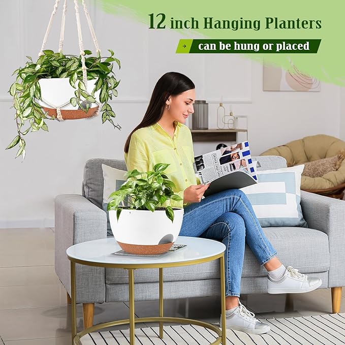 Hanging Planters for Outdoor Indoor Plants, 2 Pack 12 Inch Hanging Basket Plants Outdoor, Self Watering Hanging Planter with Plant Hanger for Garden Home Decoration (White)