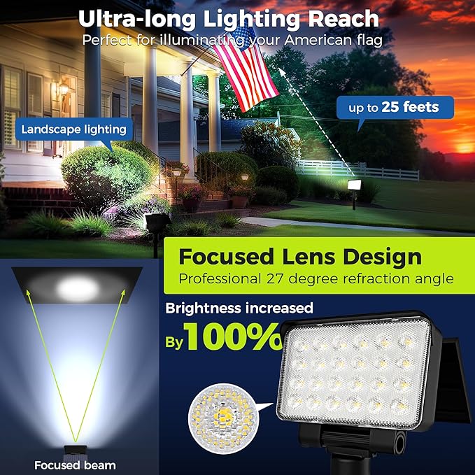 Solar Spot Lights Outdoor Waterproof for Flag, Tree, House, Garden, Yard, Landscape Spotlights for Accent Uplighting Decorations-2 Pack, Natural Light