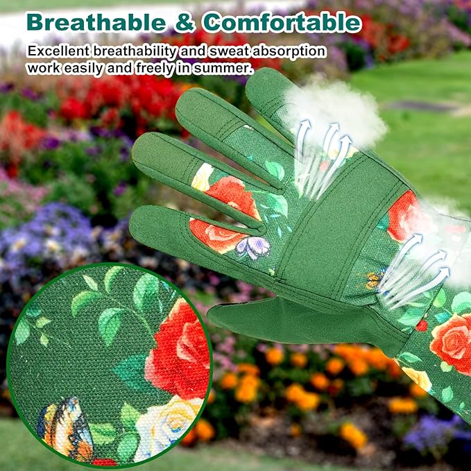 DLY Gardening Gloves,Leather Rose Gloves,Women's Long Glove for Gardening Work and Yard Work,Durable and Comfortable(Large, Green