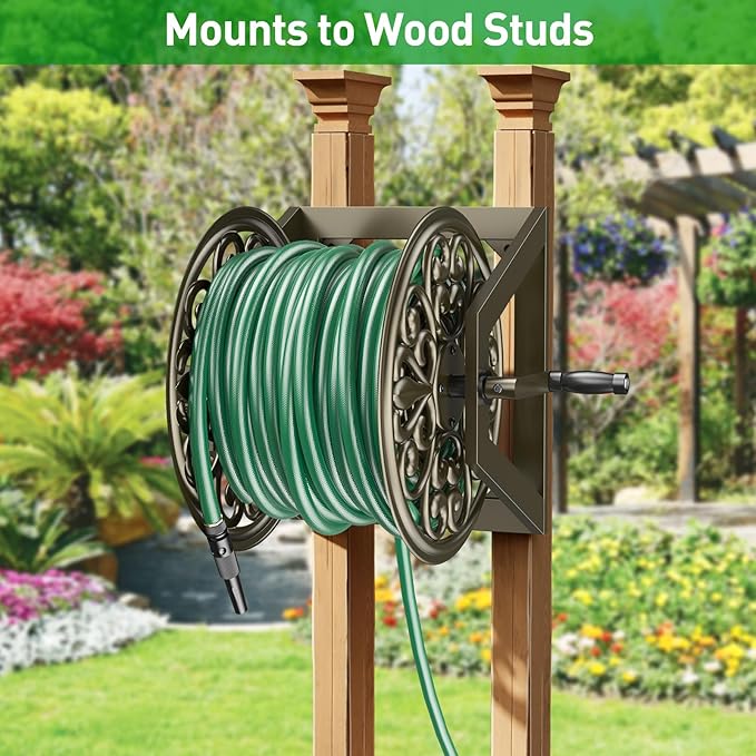 GOFORWILD Garden Wall/Floor Mount Hose Reel, Decorative Hose Reel, Garden Heavy-Duty Water Hose Holder Winder, Holds 200-Feet of 5/8-Inch Hose