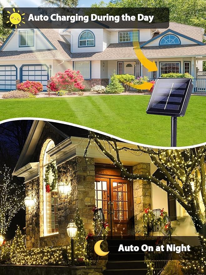 2 Pack Total 400 LED Solar Christmas Lights Outdoor, Solar String Lights for Outside with 8 Modes, Waterproof Green Wire Solar Powered Tree Light for Xmas Party Yard Garden Decorations (Warm White)