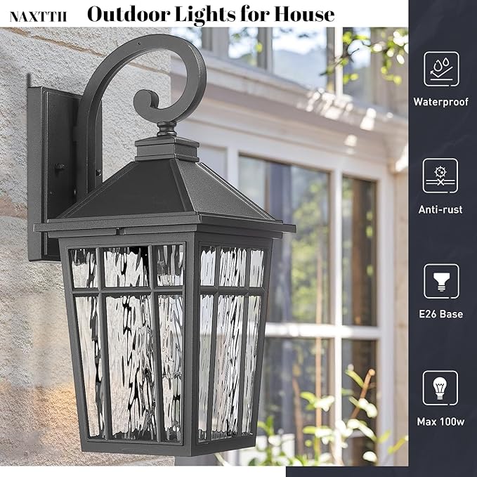 Porch Lights Outdoor Waterproof Exterior Lighting Fixtures 18 Inch Large Size Aluminum Outdoor Wall Lights with Water Ripple Glass E26 Socket