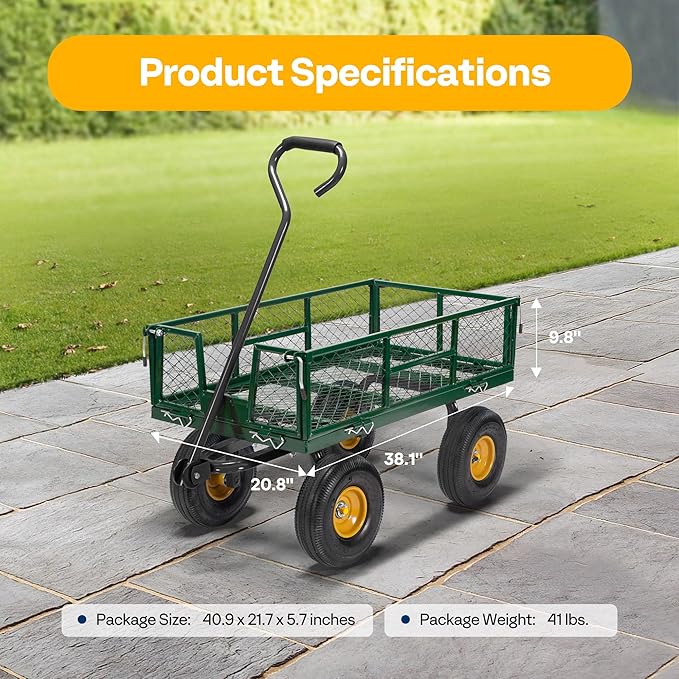 VIVOHOME Heavy Duty 880 Lbs Capacity Mesh Steel Garden Cart Folding Utility Wagon with Removable Sides and 4.10/3.50-4" Wheels 10 Inch Tire(Green)