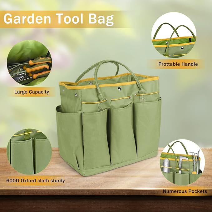 Garden Tool Set, WisaKey 9 Piece Stainless Steel Heavy Duty Gardening Tools with Handle, Durable Garden Tool Bag, Ideal Gardening Hand Tools, Gardening Gifts for Women and Men White Elephant Gifts