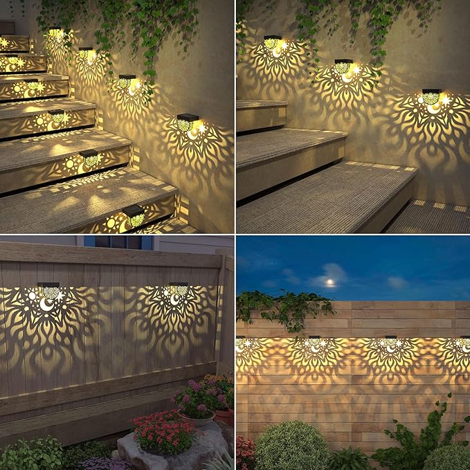 Solar Fence Lights 6 Pack Solar Deck Lights Waterproof LED Powered Step Wall Lanterns Outdoor Decorations Warm Yellow Decorative Lighting for Garden Backyard (Black)