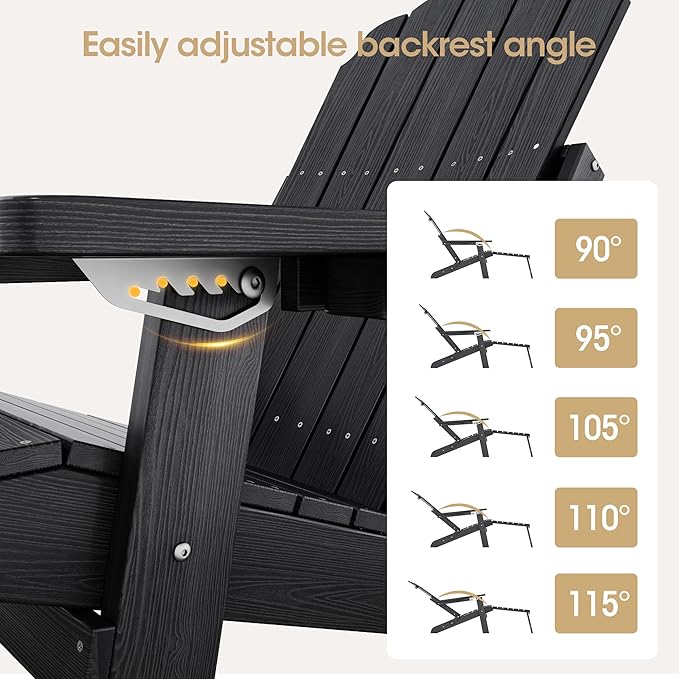 Adjustable Backrest Folding Adirondack Chair Set of 2, Adirondack Chair with Ottoman, Weather Resistant Fire Pit Chair with 2 Cup Holders, for Porch Backyard Outdoor Lawn Pool Deck Beach, Black