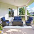 Wicker Outdoor Furniture Patio Furniture Set - 6 Piece Patio Conversation Set with Swivel Rocker Chairs, Loveseat Sofa, Ottomans and Coffee Table, Blue Cushion