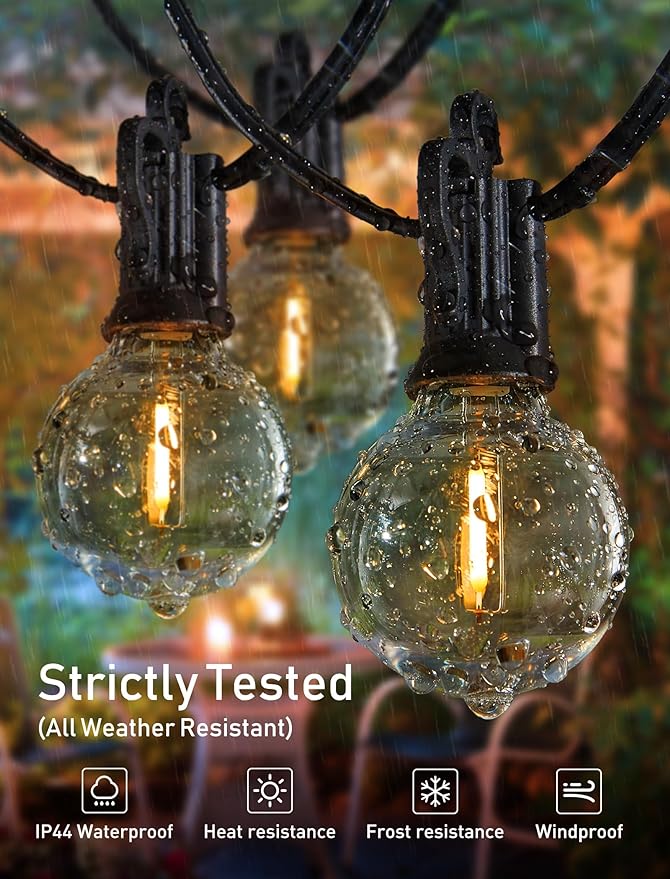 Brightown Led String Lights Outdoor 100Ft Waterproof G40 Patio Lights with 104(4 Spare) Led Shatterproof Bulbs, Led Globe Hanging Lights for Porch Bistro Balcony Backyard Decor, E12 Socket, 2200K