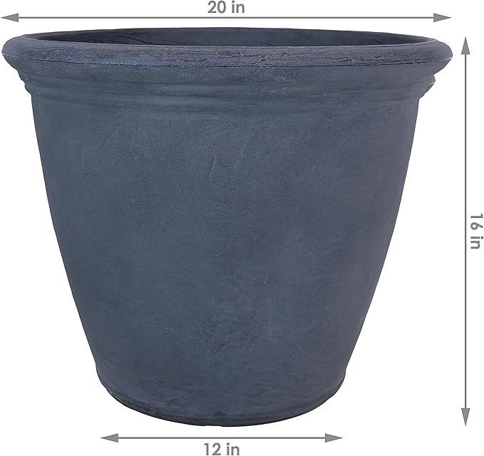 Sunnydaze 20-Inch Anjelica Large Plastic Pot for Plants - Outdoor Polyresin Round Planter with Drillable Drainage Holes - Slate - 4pk