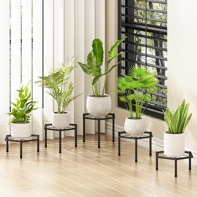 Small Metal Plant Stand indoor - 5 Pack Black Short Flower Pot Stand, Heavy Duty Anti-Rust Iron Shelf for Outdoor Home Patio Garden