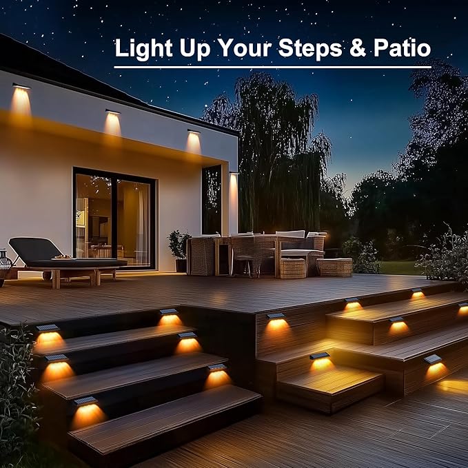 Solar Fence Lights Outdoor Waterproof IP65, 6 Pack Fence Lights Solar Powered 60 Lumens Auto On/Off Step Wall Lights Outside Decorations for Yard, Porch, Patio, Stairs, Pool, Deck, Garden- Warm Light
